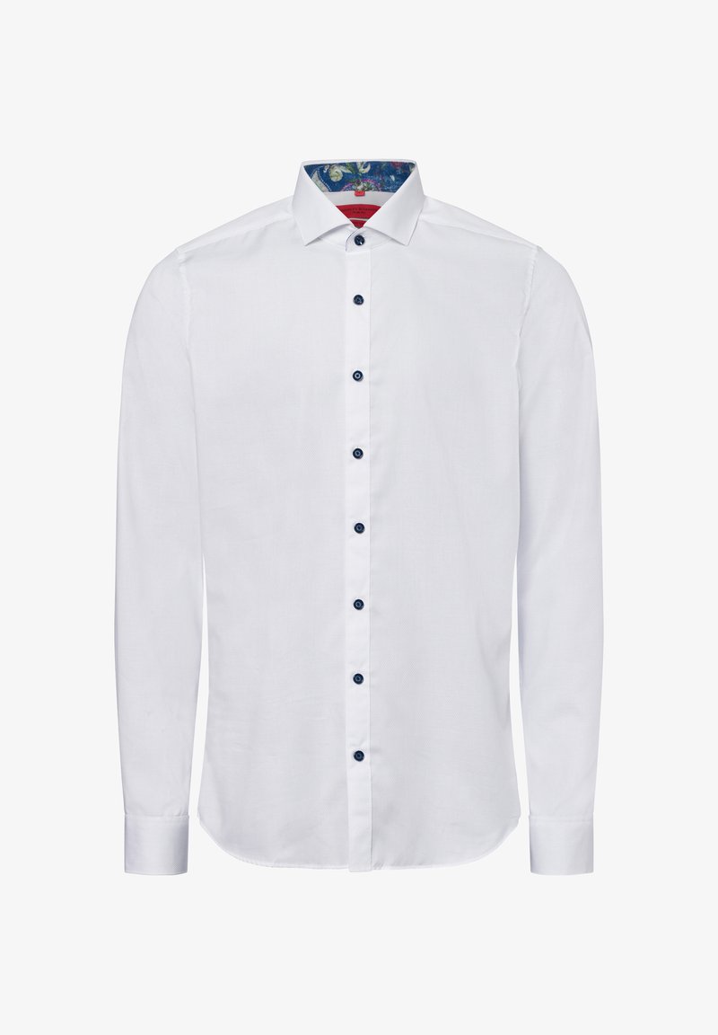 Weißes Langarmhemd mit Button-down-Kragen, ausgestattet mit dunkelblauen Knöpfen. Der innere Kragen hat ein florales Muster in Blau und Grün.