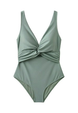 Bañador de una pieza color verde salvia con detalle de nudo torcido en el busto y escote en V profundo, con tirantes anchos en los hombros.