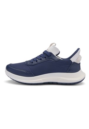 Navy blue sneaker with white sole and tongue, lace-up design, padded collar, and pull tab at heel, shown from right side on white background.