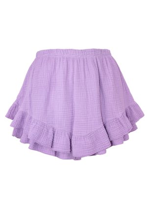 Jupe lavande à volants en tissu texturé, avec une large taille élastique et un ourlet superposé agrémenté de douces plissures.