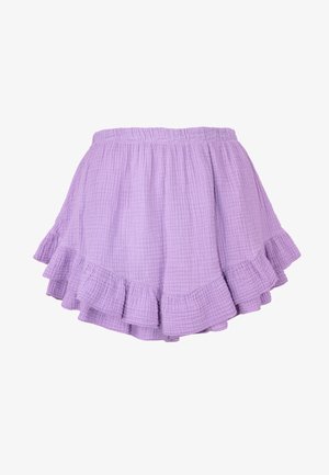 Lavendelfarbener, rüschiger Rock aus strukturiertem Stoff, mit breitem, elastischem Taillenbund und geschichtetem Saum mit sanften Falten.