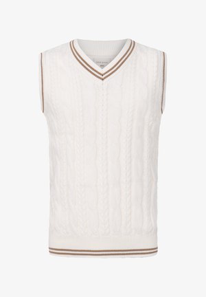 Gilet en tricot sans manches de couleur blanche avec un motif en câble, présentant un col en V et des accents rayés bruns au niveau du cou et de l'ourlet.