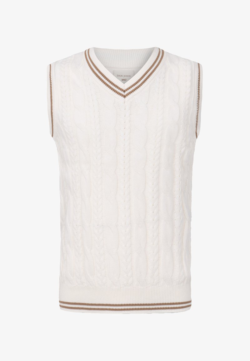 Gilet en tricot sans manches de couleur blanche avec un motif en câble, présentant un col en V et des accents rayés bruns au niveau du cou et de l'ourlet.