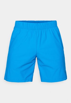 Blue, lightweight swim shorts with an elastic waistband, smooth texture, and side pockets. Simple design without patterns or accents.