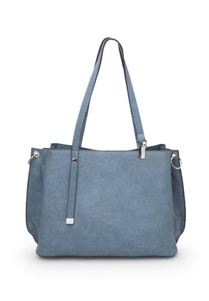 Blue synthetic leather tote bag with two long handles, silver hardware, and a textured surface. Open top design with interior compartments.