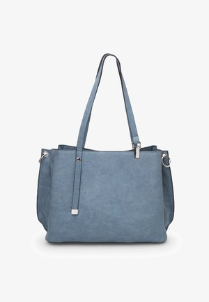 Blauwe synthetische leren tote bag met twee lange handvatten, zilveren hardware en een gestructureerd oppervlak. Ontwerp met een open bovenkant en interieurcompartimenten.