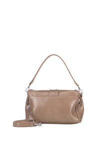 Borsa a mano in pelle tan con manico corto e tracolla rimovibile. Presenta una texture liscia, dettagli metallici e una chiusura con zip.