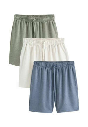 Three pairs of elastic waist shorts with drawstrings in green, white, and blue, arranged overlapping on a white background.