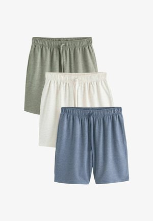 Three pairs of elastic waist shorts with drawstrings in green, white, and blue, arranged overlapping on a white background.