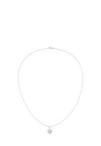 Collana d'argento con una fine catena e un pendente a forma di cuore con un motivo testurizzato. La chiusura è un semplice design a molla.