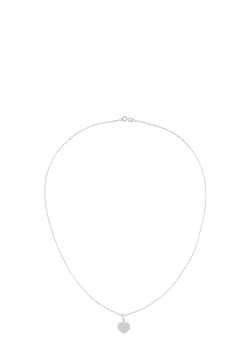 Collana d'argento con una fine catena e un pendente a forma di cuore con un motivo testurizzato. La chiusura è un semplice design a molla.