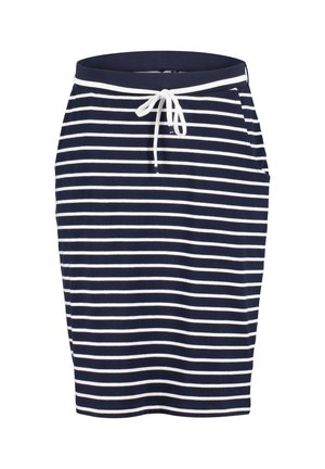 Marineblå og hvide stribet nederdel med snøre i taljen, der har to sidelommer og er lavet af et blødt bomuldsblandingsstof.
