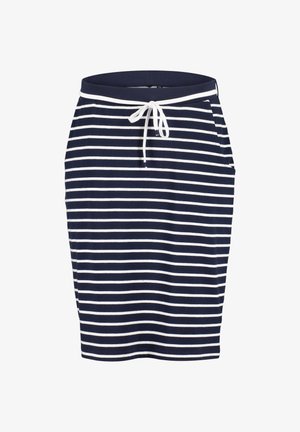 Gonna a righe blu navy e bianca con cintura regolabile, dotata di due tasche laterali e realizzata in morbido tessuto misto cotone.