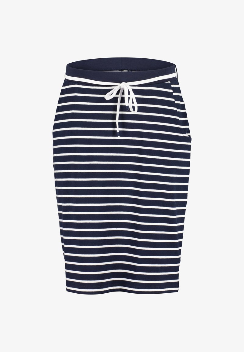Jupe rayée bleu marine et blanche avec une taille à cordon, dotée de deux poches latérales et confectionnée dans un tissu doux en mélange de coton.