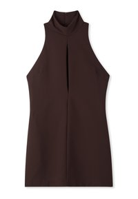 Abito marrone senza maniche con collo alto, realizzato in tessuto liscio, con piega frontale e cerniera posteriore. Design semplice e aderente senza accenti aggiuntivi.