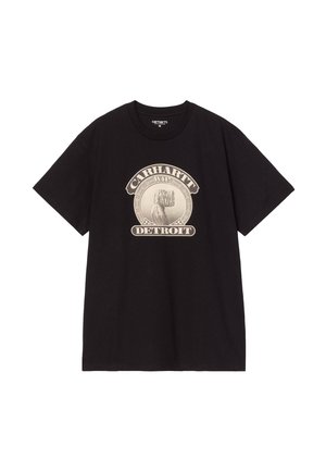 Camiseta de algodón negra con un gran gráfico de estilo vintage en beige claro, con el texto "CARHARTT WIP DETROIT" y un contorno circular.