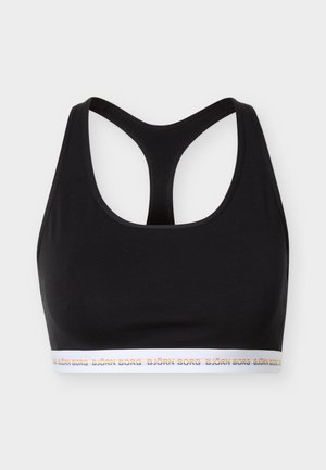 Černá sportovní podprsenka s designem bez rukávů a bílým elastickým proužkem s barevným vzorem textu "BJÖRN BORG" ve spodní části.