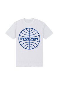 Bílý bavlněný tričko s modrou kruhovou grafikou s vodorovnými pruhy a textem „PAN AM“ umístěným uprostřed.