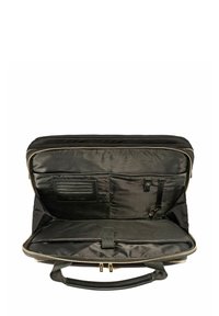 Czarna torba na laptopa z tkaniny z zamkiem błyskawicznym. Wnętrze zawiera kieszenie, skórzane akcenty i płaską przegrodę. Gładka tekstura oraz solidny uchwyt.