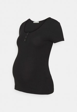 Czarny krótki rękaw top ciążowy z okrągłym dekoltem i trzema małymi guzikami z przodu.