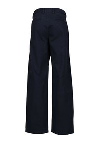 Helleben-Hose aus dunkelblauem Denim mit glatter Textur, zwei Gesäßtaschen und einem Standardbund mit Gürtelschlaufen.