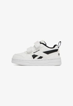 Białe trampki z czarnymi akcentami, wykonane ze skóry o gładkiej fakturze, wyposażone w dwa paski na rzepy oraz pętlę u pięty.