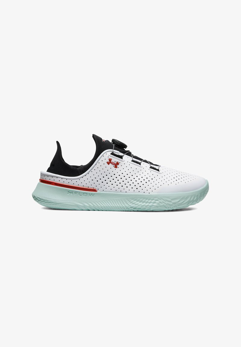 White athletic shoe with black accents, perforated upper, a lightweight mint green sole, and a secure lace system with a dial.