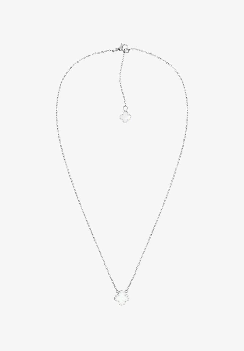 Silverfärgad kedjearmband med en blomformad, klar ädelsten i hänge och en justerbar kedja med ett mindre matchande hänge.