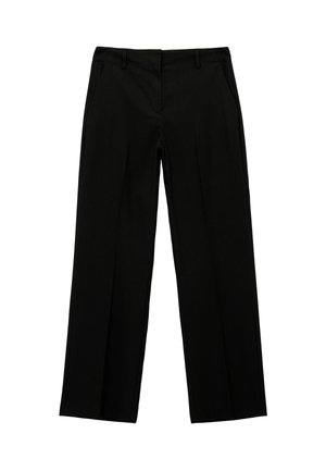 Schwarze, weit geschnittene Hosen aus einem glatten Stoff, mit zwei Seitentaschen und einem flachen Vorderdesign mit Falten.