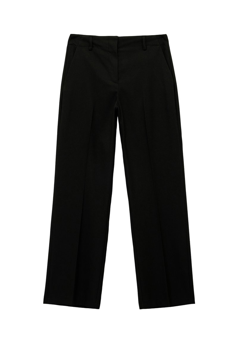 Pantalons larges noirs en tissu lisse, dotés de deux poches latérales et d'un devant plat avec des plis.