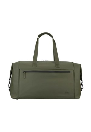 Sac polochon rectangulaire vert olive avec double poignée, poche avant zippée et clips détachables pour la bandoulière de chaque côté.