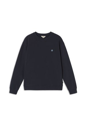Navyblaues Sweatshirt, Rundhalsausschnitt, lange Ärmel, aus weichem Material. Verfügt über ein kleines gemustertes Logo auf der Brust und gerippte Bündchen.