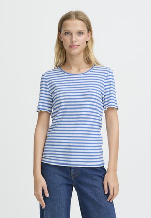 Blue and white striped t-shirt made from soft fabric, featuring a rounded neckline, short sleeves, and delicate scalloped edges.