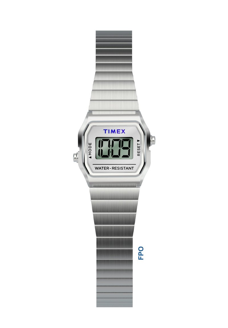 Stříbrné digitální hodinky Timex s kovovým řetízkem, zobrazující čas 10:09, označené jako voděodolné, s tlačítky pro režim a reset.