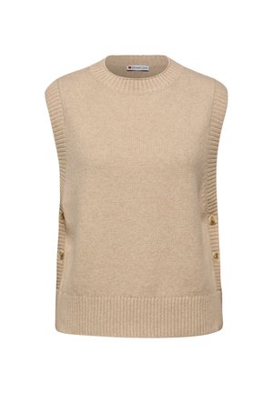 Mouwloze beige trui gemaakt van zachte breiwerk. Kenmerkt zich door ribbeltextuur bij de schouders en de zoom; decoratieve knopen aan de zijkant.