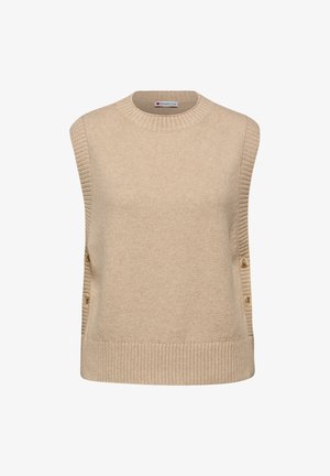 Ärmelloser beiger Pullover aus weichem Strickstoff. Mit geripptem Material an den Schultern und am Saum; dekorative Knöpfe an der Seite.