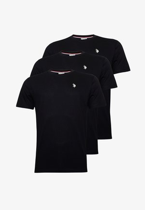 Tres camisetas de algodón negras con cuello redondo. Cada una presenta un pequeño logo bordado en el pecho izquierdo y un detalle a rayas en el cuello.