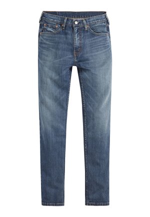 Blaue Denim-Jeans mit slim fit, fünf Taschen, Knopfverschluss und dezenten Verwaschungen, ausgestattet mit orangen Nähten und im klassischen Design.
