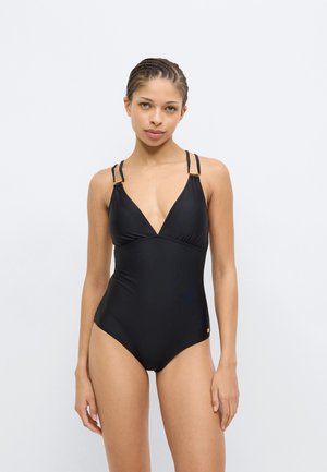 Costume intero nero con profonda scollatura a V, sottili doppie spalline e dettagli dorati. Tessuto liscio ed elastico con silhouette aderente.