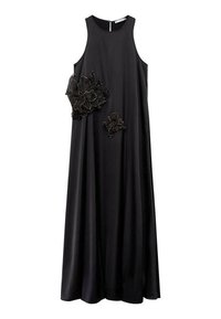 Black sleeveless gown with a round neckline, featuring embroidered floral accents in dark tones on the left side. Smooth fabric texture.