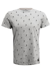 Šedé bavlněné tričko s opakovaným černým potiskem různých kreslených postav. Krátké rukávy a kulatý výstřih. Štítek na dolní straně.