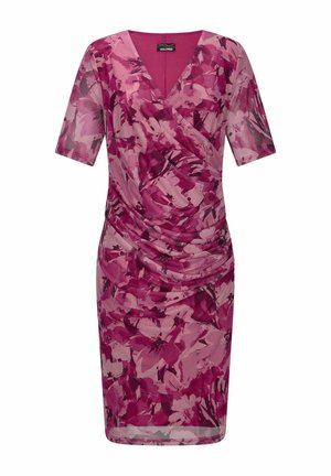 Knielanges Wickelkleid mit pink-lila Blumenmuster, kurzen Ärmeln, geraffter Taille und V-Ausschnitt.