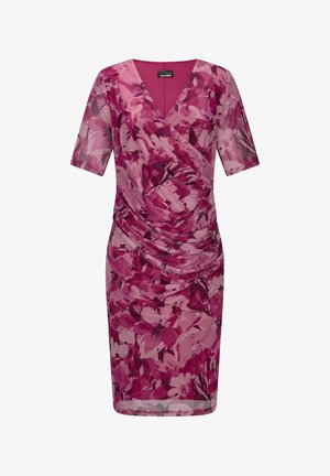 Knielanges Wickelkleid mit pink-lila Blumenmuster, kurzen Ärmeln, geraffter Taille und V-Ausschnitt.