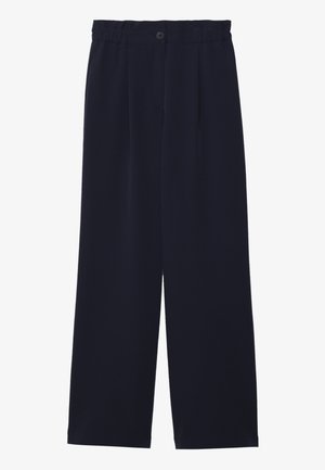 Marineblå vide bukser med en glat tekstur, elastisk talje, enkelt frontfold og en knaplukning i taljen.
