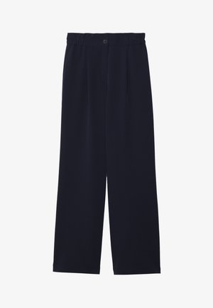 Tumesinine laiad püksid, millel on sile tekstuur, elastne vöökoht, üks eesmine voldik ja nööbi sulgemine vöö kohal.