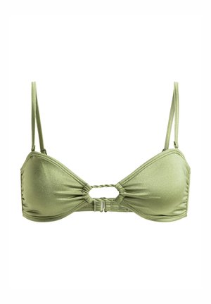 Olivově zelený bikiny top s krouceným předním detailem, nastavitelnými ramínky a zapínáním na háček. Vyrobeno z hladkého, lesklého materiálu.