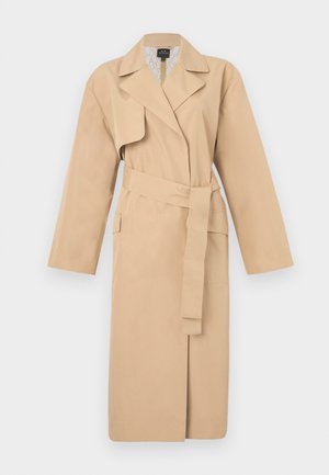 Beige trench coat with a lapel collar, long sleeves, belted waist, and side pockets. Smooth texture with a minimalistic design.