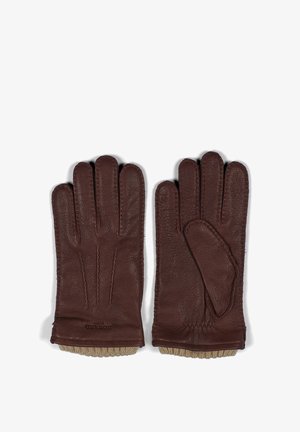 Brune skinnhansker med en strukturert overflate, ribbede beige strikkede mansjetter og design med fire fingre, som har en egen tommelseksjon.