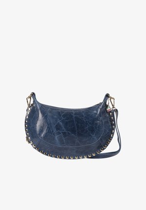 Blue leather crescent-shaped shoulder bag with gold studs along the edge and detachable strap with gold clasps.