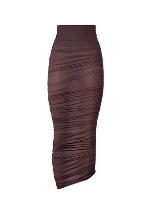 Brauner Bleistiftrock in Knielänge aus gerafftem Stoff, ausgestattet mit einem hohen Bund und einem strukturierten, gerafften Design.